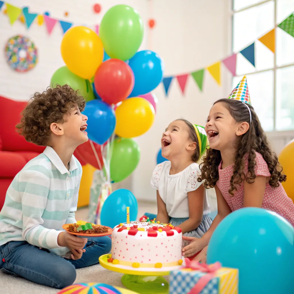 Children enjoying a themed birthday party with balloons and cake