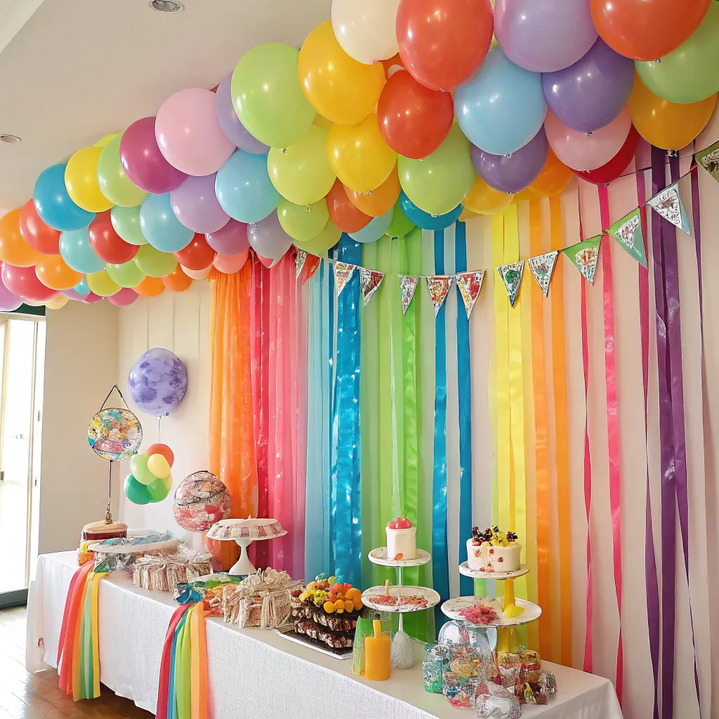Colorful kids party decoration with balloons and streamers